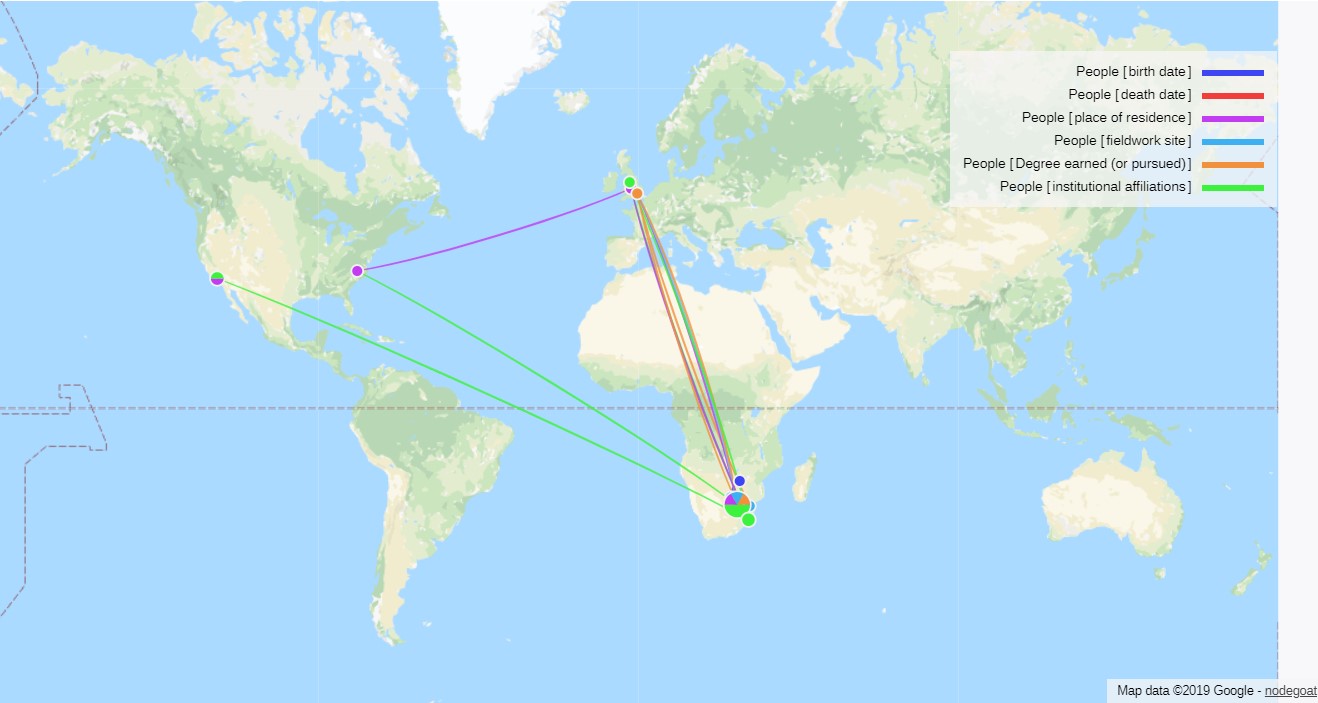 Hilda Kuper's transnational migrations and fieldwork, a geographical visualization developed using nodegoat, a project of Lab1100