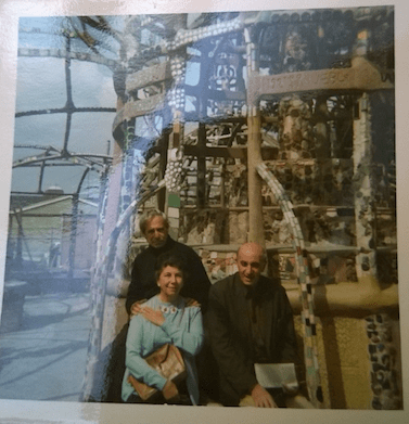 Hilda Kuper (center) with Leo Kuper (behind) and Max Gluckman (right) at Watts Towers, Los Angeles. Hilda Kuper Papers, Box 45, Folder 20. 