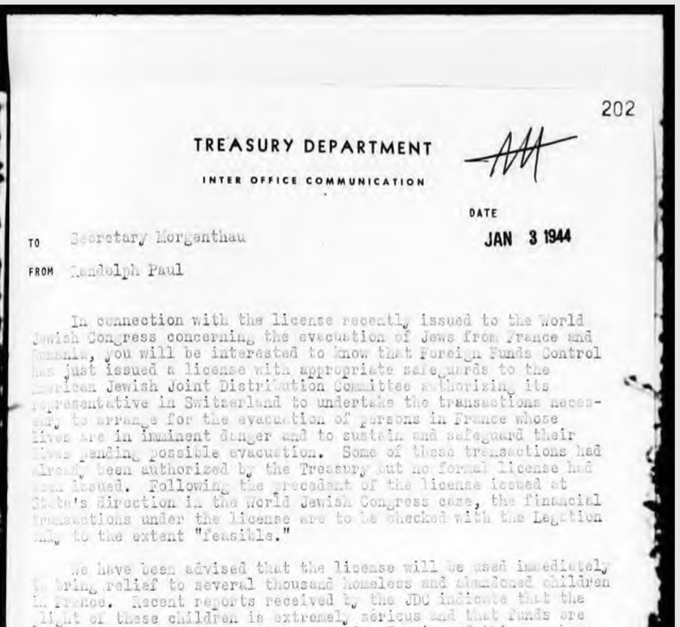 Randolph Paul inter-office communication to Henry Morgenthau Jr., MD 689 p. 202, Jan 3, 1944