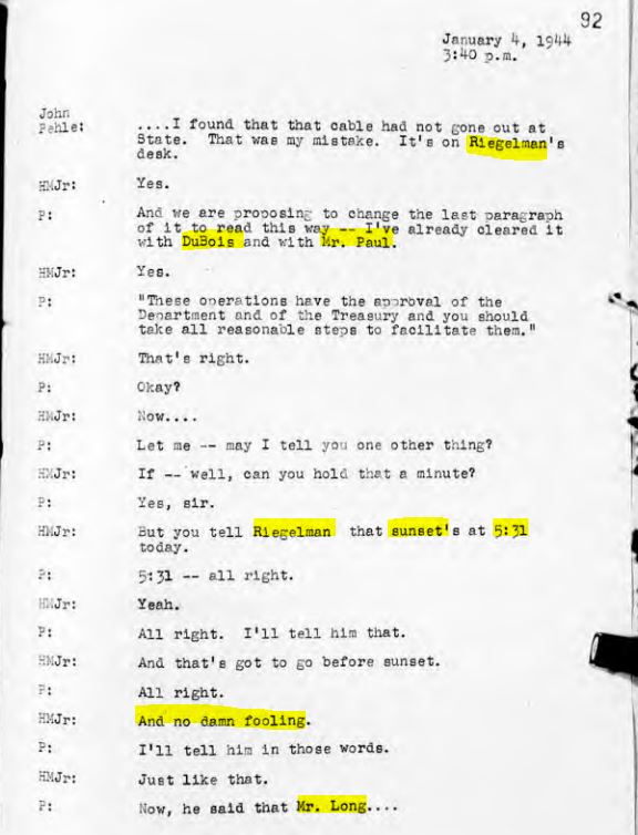 Transcript of conversation between John Pehle and HMJ, January 4, 1944, MD 690, pp. 92-94