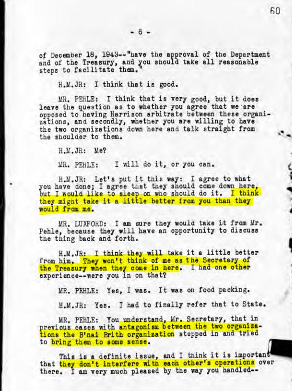 Jan. 5, 1944, MD 691, p. 60, Riegelman proposed Harrison arbitrate between JDC and WJC